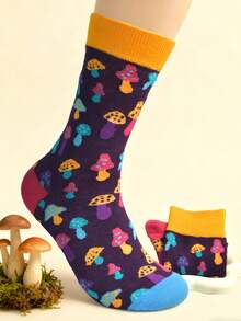 1 par de calcetines cómodos y suaves de media pantorrilla con estampado de setas multicolor y colorido para hombres