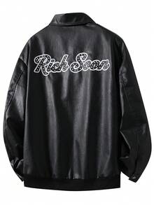 Rich Soon" Embroidered Leather Jacket, Retro American Style Lapel Zipper Jacket, Niche Design High Street Autumn/Winter Top - Black - View 4