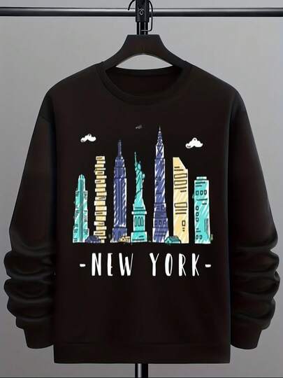 New York City Skyline Sweatshirt Black With Colorful NYC Landmarks Print Empire State One World Trade Center Lightweight Cotton Crewneck Sweater For Urban Fashion Casual Wear Gifts For