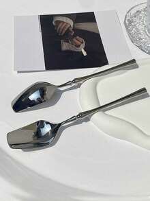 1pc Mirror-Shaped Silver Stainless Steel Ultra-Simple And Light Luxury Spoon: Diamond-Shaped Spoon Head Is Decorated With Bead Shank, Which Is An Elegant Dining Device Suitable For Festive Family Banquets - Silver - View 7