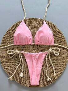 两件套休闲可爱优雅性感波西米亚风花卉系带编织比基尼泳衣，海滩度假，春夏 - 粉色 - 查看 3
