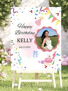 Cartel de bienvenida de cumpleaños personalizado - Personalizado con nombre, foto/texto/número/fecha, pancarta de entrada de plástico DIY para decoración de fiesta, telón de fondo para baby shower y fiesta de cumpleaños con etiqueta de nombre (fácil de instalar) - Multicolor - Ver 5