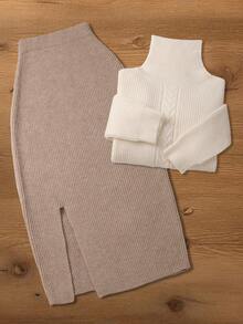 Women's Elegant Solid Color 2-Piece Set: High Neck Sweater + Skirt, Casual Office Work School Style Daily Wear, Home & Date Fall - Khaki - View 7