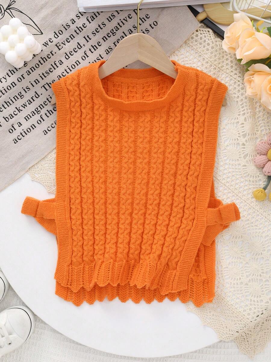 Young Girl Round Neck Knitted Solid Color Pullover Sweater Vest With Bow Design, Suitable For Spring, Summer, Autumn - Orange - View 1