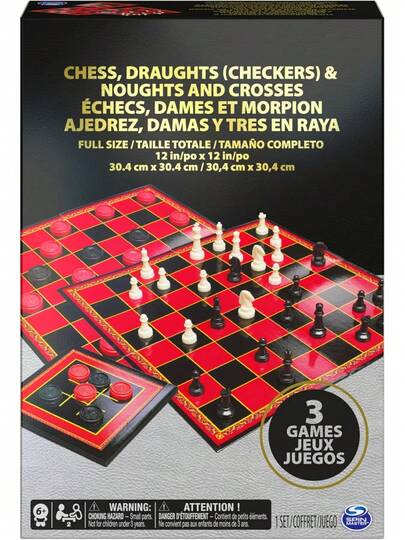 EstiloCardinal Juego clásico de Damas, ajedrez y Tres en Raya, para familias y niños de 6 años en adelanteVersión mejorada
