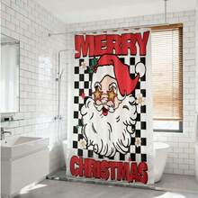 1 件复古红黑格子圣诞老人涤纶浴帘 - 防水防霉，印有“圣诞快乐”字样 - 节日浴室装饰