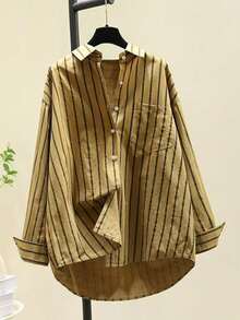 Blusa suelta con botones delanteros, corta por delante y larga por detrás, con diseño de rayas, de moda para mujer - Cúrcuma - Ver 1