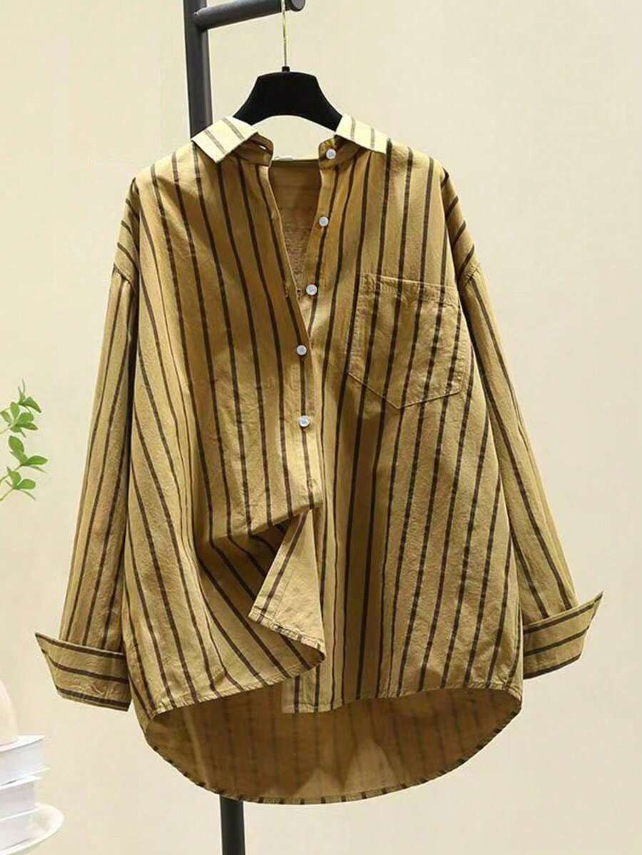 Blusa suelta con botones delanteros, corta por delante y larga por detrás, con diseño de rayas, de moda para mujer - Cúrcuma - Ver 1