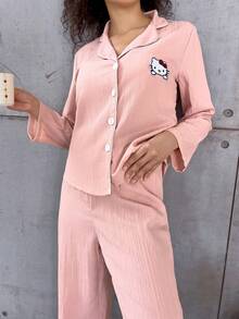 SANRIO [WONDER WORLD]2pcs Hello Kitty Women Collared Button Down Long Sleeve Shirt Pajama + Elastic Waist Pants Sleepwear Set - Pink - View 4
