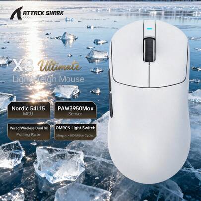 ATTACK SHARK X8 终极无线游戏鼠标，PAW3950MAX 42K DPI 传感器，光学微动开关，800mAh 电池，59g 轻量化设计，配备 RGB 螺旋线缆