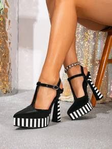 2026 Spring/Summer New Pointed Toe Waterproof Platform Shoes, Thin Heel Strap Buckle Backless Extra High Heel Sandals, Black & White Striped Fashion Party Dress Shoes
