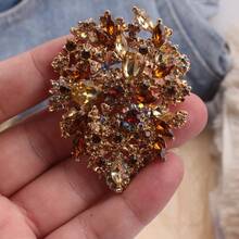 Vintage Floral Brooch, Gold-Toned Craft With Mixed-Cut Citrine, Red Rhinestones & Multi-Faceted Gems, Intricate Cluster & Openwork Design, Sparkling Statement Accessory For Fashion Enthusiasts, Ideal For Outfits, Bags & Styling - Brown - View 6