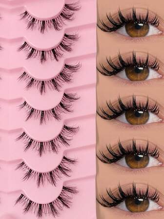 7 pares de pestañas postizas de aspecto natural y esponjoso con banda transparente para uso diario y fiestas