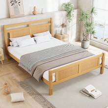 Wooden Double Bed With Rattan Paper Accent | 4ft6 (135x190cm) MDF Frame With Sturdy Slats In Wood Colour - Natural + Solid Wood+MDF + 135cm*190cm - View 1