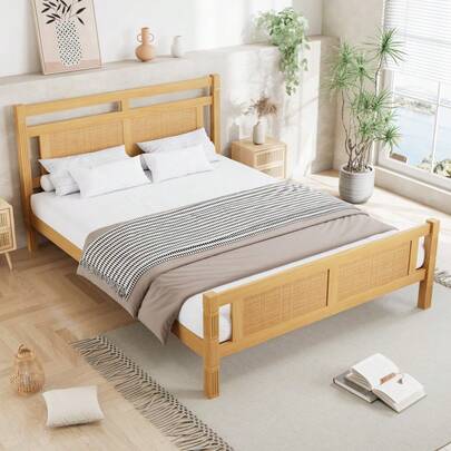 Wooden Double Bed With Rattan Paper Accent | 4ft6 (135x190cm) MDF Frame With Sturdy Slats In Wood Colour