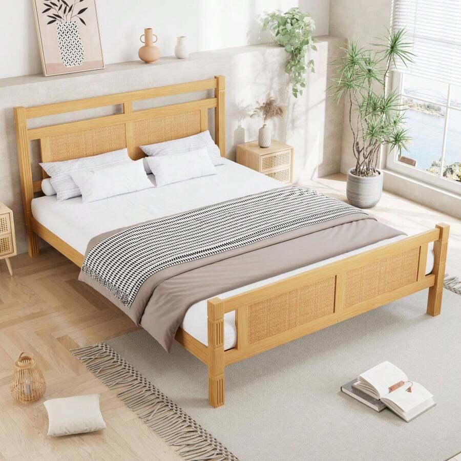 Wooden Double Bed With Rattan Paper Accent | 4ft6 (135x190cm) MDF Frame With Sturdy Slats In Wood Colour - Natural + Solid Wood+MDF + 135cm*190cm - View 1