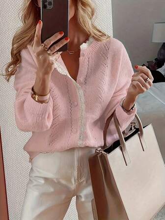 Delicate Style Short Cardigan Sweater Women, Lace Design Knitted Jacket