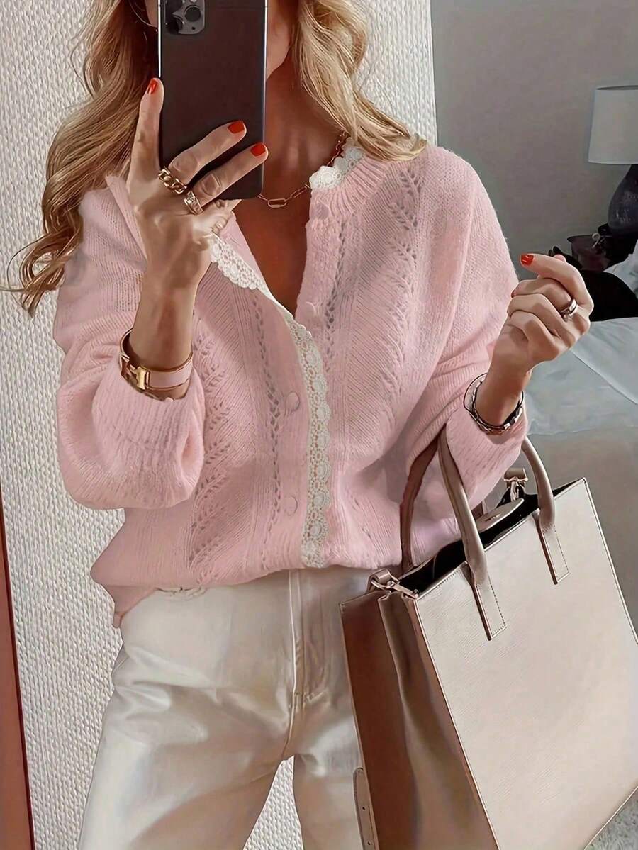 Delicate Style Short Cardigan Sweater Women, Lace Design Knitted Jacket - Pink - View 1