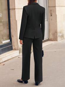 Casly Lamiit Women Plain Long Sleeve Suit Collar Regular Top And Pants Set Elegant Composite Fabric Suit With Pockets - 黑色 - 查看 3