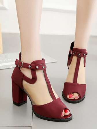 Women's Solid Color Mesh Sandals, Chunky High Heel Shoes With Zipper Back & Star Decor, Open Toe Breathable