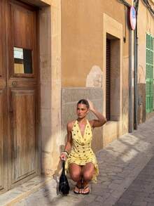 VIBEWAVE French Polka Dot Chiffon Dress, Sexy Halter Neck, Deep Ruffle Collar, Open Back, Mini Skirt - Yellow - View 6