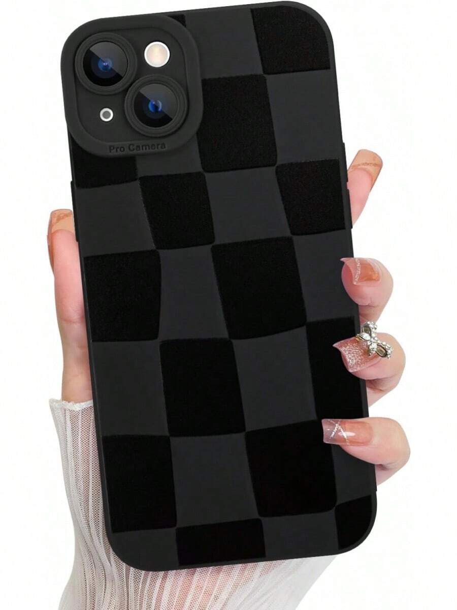 Funda KANGHAR compatible con 14, patrón de cuadros de silicona, funda de teléfono suave y delgada con protección para cámara para chicas y mujeres - Funda de teléfono creativa negra, a prueba de golpes y resistente a caídas, protección completa, adecuada para 17/17ProMax/iPhone16/16Plus/16Pro/16ProMax, iPhone15/15Plus/15Pro/15ProMax, iPhone14/14Plus/14Pro/14ProMax, iPhone13/13Pro/13ProMax, regalo perfecto para novia, novio, Día de San Valentín, Navidad - Negro - Ver 1
