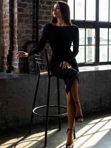 Women's Fashion Long Sleeve Bodycon Dress Midi Deep V Backless Faux Pearl Embellished Black Party Dress Sexy Night Out Birthday Evening Cocktail Dress Spring Summer New Wedding - Black - View 4