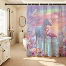 1pc Flamingo Pattern Shower Curtain Set, Pink Bird Tropical Jungle Theme Nature Decor Fabric Bathroom Curtain With Hooks, 72 X 72 Inches, Polyester Material