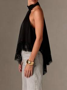 Women Y2k Halter Neck Tops Lace Trim Satin Tank Tops Vest Summer Sleeveless Open Back Irregular High Neck Asymmetrical Tops Going Out Shirt Tops Streetwear Aesthetic Clothes Elegant Party Wear - 黑色 - 查看 4