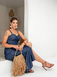 Elegant Women's Luxury Casual Party Dress With Detail And Slit - 深色水洗藍 - 查看 3