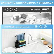 Dispensador de Jabon Cocina 4 en 1 con 2 Esponjas, Set Dispensador de Jabon con Soporte para Trapos y Esponjas, Dispensador Dual para Jabón Líquido y Lavatrastes para Fregadero, Cocina y Baño (Negro) - 1 - Ver 2