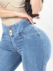 Petite Women's Casual Slim-Fit Denim Long Dress With High Elasticity And Button Details. The Slim Fit Is Suitable For Everyday Wear. - Blue - View 2