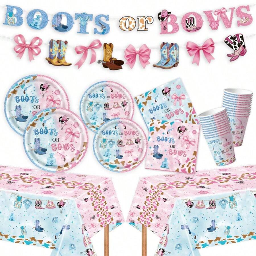 10pcs/20pcs/50pcs/80pcs,Western Cowboy Boots Or Bows Gender Reveal Party Set ,Pink Blue Gender Reveal Party Boots Or Bows 7inch And 9inch Glitter Paper Plates,9oz Cups And Napkins Decoration,Cowboy Hat Bows Baby Gear Decor For Gender Reveal, Western Celebration Supplies - Multicolor - View 1