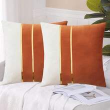 1pc Fall Pillow Covers Orange Throw Pillow Covers Decorative Velvet Patchwork With Gold Leather Pillowcase Soft Solid Cushion Case Square For Couch Sofa Living Room Fall Decor 18x18 Inch - Orange - View 10