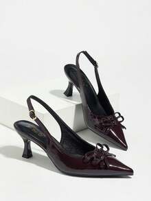 Jin Bei Qi Sandalias de tacón de aguja con decoración de lazo, estilo minimalista de alta gama para mujer. Zapatos elegantes, lujosos, de moda y sexy para fiestas, banquetes y eventos formales, color rojo vino.