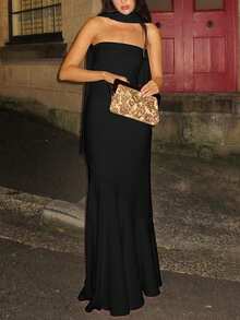 女士罗纹抹胸长裙、性感优雅派对礼服、婚礼宾客礼服、正式礼服、晚礼服、长袍