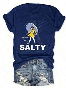 1pcsWomen's Loose-Fitting Short-Sleeved T-Shirt With Fun Text Print.Made Of 100% Pure Cotton, It's Gentle On The Skin.A Simple Street Style T-Shirt Perfect For Summer Commuting Or Casual Dates. - 藏蓝色 - 查看 12