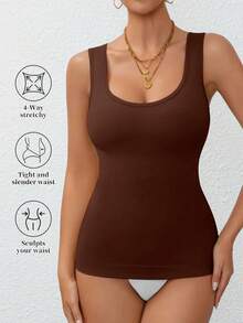女士收腹塑身衣，无袖，舒适，塑形内衣，夏季健身上身紧身衣运动服 - 棕色 - 查看 4