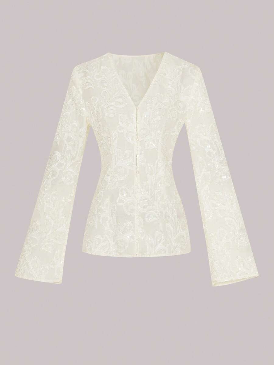 女士浪漫优雅时尚V领印花喇叭袖长袖衬衫 - 杏色 - 查看 1