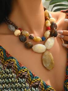 1条优雅波西米亚风串珠项链，绿/棕/米色树脂材质，适合海滩、派对等各种场合，四季皆宜。可单独购买，也可成套佩戴，打造叠戴效果。独特的树脂花朵吊坠项链，专为女性设计。树脂模具痕迹属正常现象。 - 彩色 - 查看 14