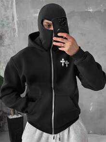 Men's Hooded Zip-Up Sweatshirt With Face Mask, Creative Cross Pattern, Protective Balaclava Design, Autumn/Winter Outdoor Cycling Running Sports Sweatshirt With Side Pockets For Comfort, Long Sleeve Top - Black - View 1