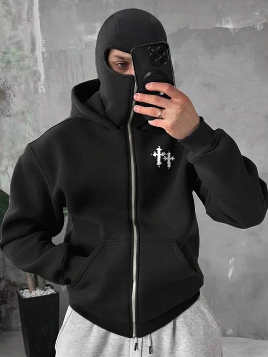 Men's Hooded Zip-Up Sweatshirt With Face Mask, Creative Cross Pattern, Protective Balaclava Design, Autumn/Winter Outdoor Cycling Running Sports Sweatshirt With Side Pockets For Comfort, Long Sleeve Top - Black - View 1