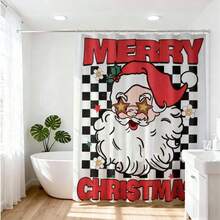 1 件复古红黑格子圣诞老人涤纶浴帘 - 防水防霉，印有“圣诞快乐”字样 - 节日浴室装饰