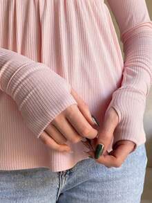 Women Y2k Fairy Grunge Ribbed T Shirt Top Long Sleeve Lace Trim V Neck Babydoll Flowy Tee Shirts Tops With Thumb Hole Spring Fall Teen Girls Going Out Tops Vintage Aesthetic 2000s Clothes - 粉紅色 - 查看 4