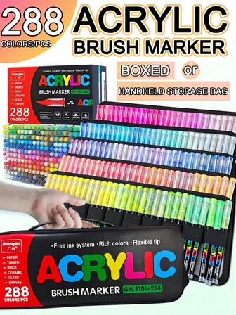 GuangNa 288/240/36/24/12 Colour Straight Liquid Acrylic Marker, Water-Based Brush Tip Marker For Rock, Wood, Fabric, Plastic, DIY Crafts - Durable Brush Tip Acrylic Marker For School Learning, And Christmas- Ideal For Gift Giving!