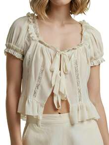 Women Shirt Puff Short Sleeve Square Neck Tie Up Front Ruffle Trim Decor Cute Crop Blouses - 杏色 - 查看 5