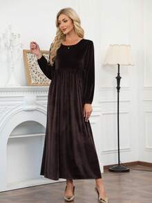 Women's Elegant Velvet Long Dress - Casual Solid Color Long Sleeve Round Neck