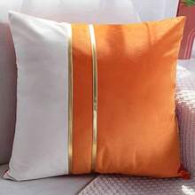 1pc Fall Pillow Covers Orange Throw Pillow Covers Decorative Velvet Patchwork With Gold Leather Pillowcase Soft Solid Cushion Case Square For Couch Sofa Living Room Fall Decor 18x18 Inch - Orange - View 9