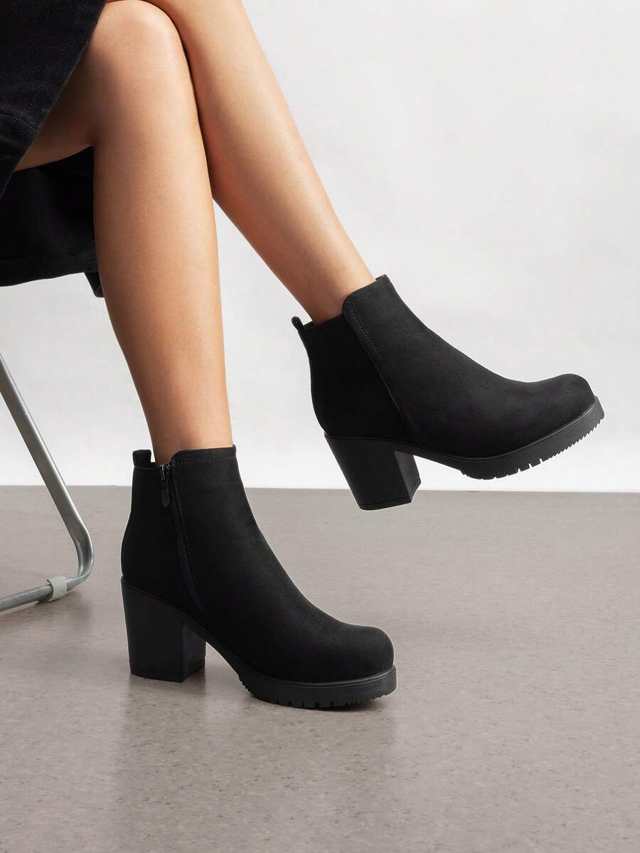 Botines de tobillo con tacón bajo y grueso para mujer, zapatos de invierno - Negro - Ver 1