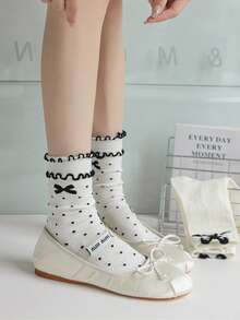4-Pack Of Women's Mid-Calf Socks With Bow Pattern, Soft And Comfortable, Black And White Color Scheme, Suitable For All Seasons. - 彩色 - 查看 6